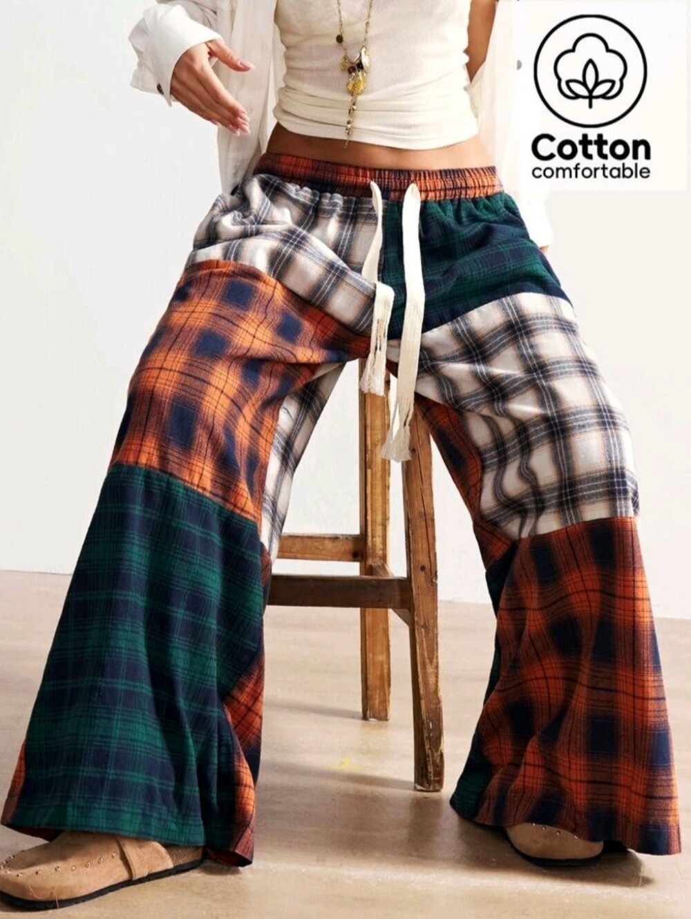 Women's Casual Grunge Country Loose Fit Plaid Patchwork Wide Leg Pants Concert
